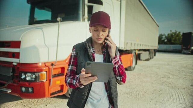 Caucasian woman trucker standing at parking lot. Talking on smartphone with someone. Using tablet device with one hand. Looking at screen while listening to instructions from company manager.