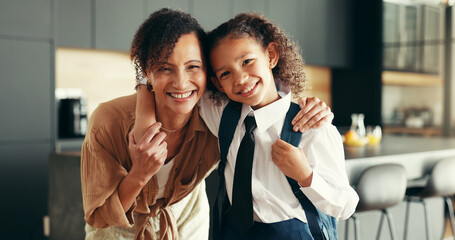 Mom, girl and happy in school uniform in home on portrait for elementary education in Mexico. Apartment, people and parent with kid first day with pride, joy and smile for child development or growth