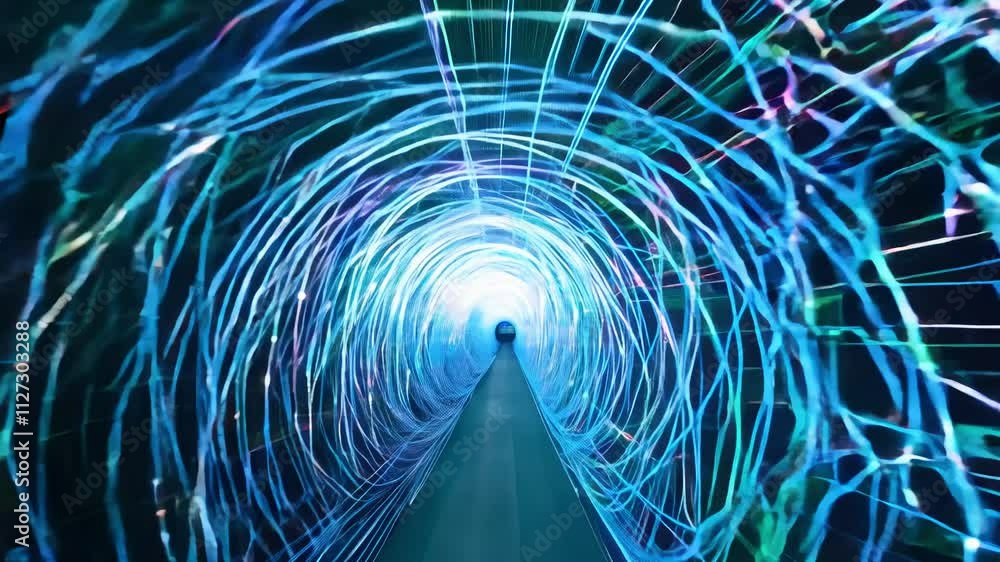 Poster camera tracks with bounce through a tunnel of pulsing light fibers and data signals