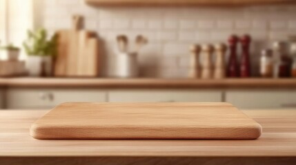 Wooden kitchen countertop with blurred background for showcasing food items or culinary products in a warm and inviting setting