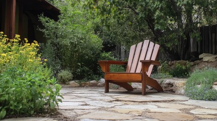 Wooden Adirondack chair in serene garden setting surrounded by lush greenery and vibrant flowers on a stone pathway