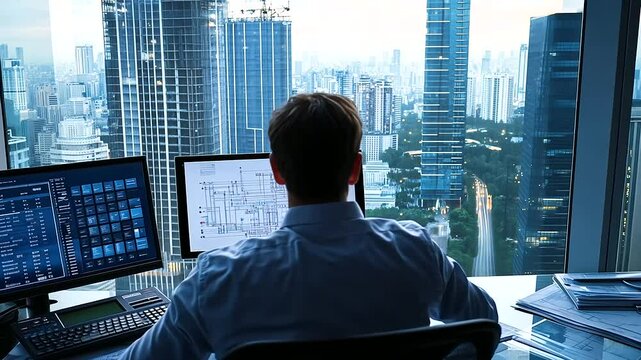 In a high-rise office, an architect works with a calculator on construction costs, surrounded by large architectural blueprints and a computer displaying cost analysis software.