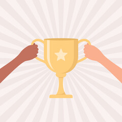 Two hands of people of different skin tones holding a golden trophy cup on a beige background with radial rays, flat vector illustration