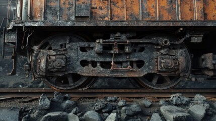 Naklejka premium Industrial scene of train wheels on tracks, coal-laden locomotive, detailed and raw, moving through the railroad