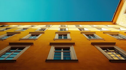 Yellow apartment building facade captured from a low angle highlighting windows against a clear sky for architectural visuals.