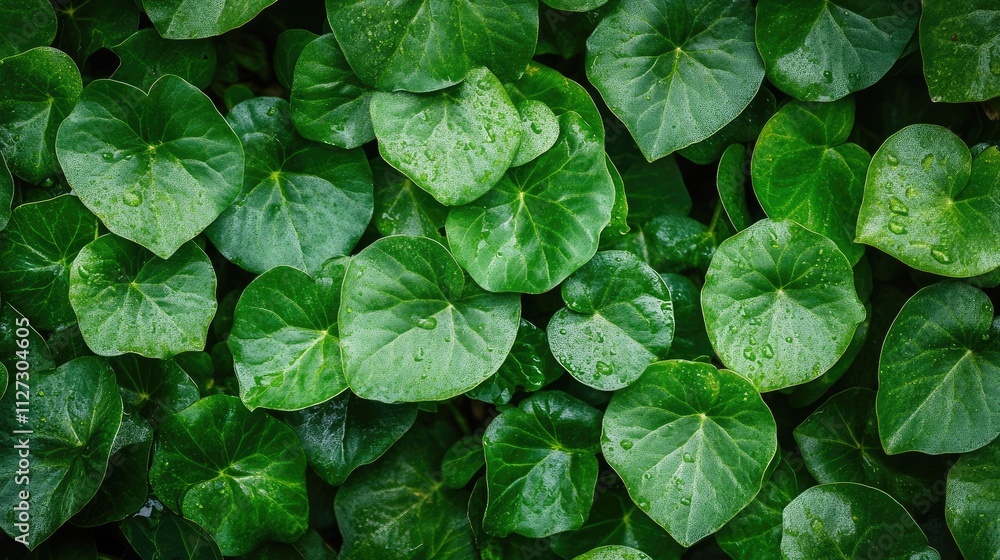 Poster Lush green leaf texture with raindrops creating a vibrant natural pattern for backgrounds and botanical themes.