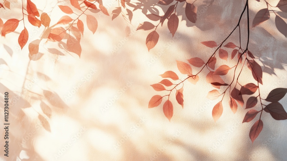 Poster pastel pink and beige leaves casting shadows on a white wall creating a calming overlay effect for w