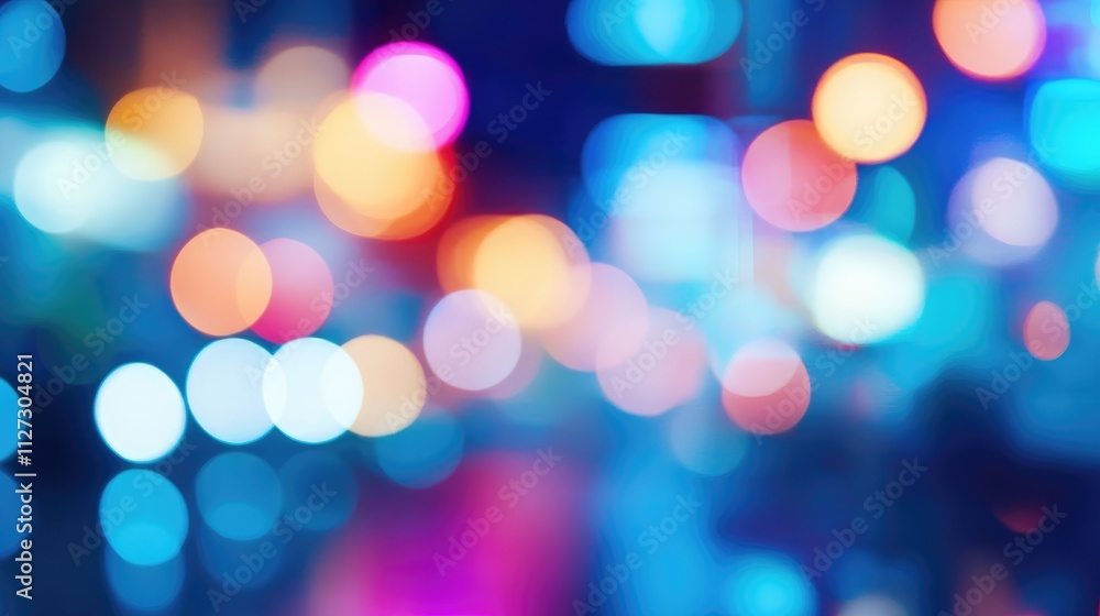 Poster Colorful blurred background of a supermarket shelf with vibrant bokeh lights ideal for various design and advertising applications.