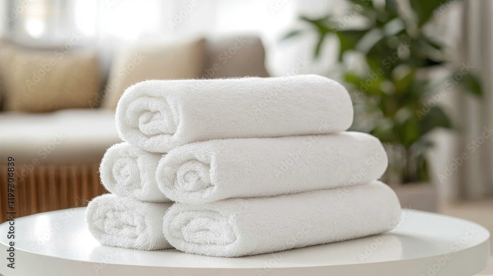 Poster cozy stacked white towels on a table in a modern living room with soft natural light and greenery in