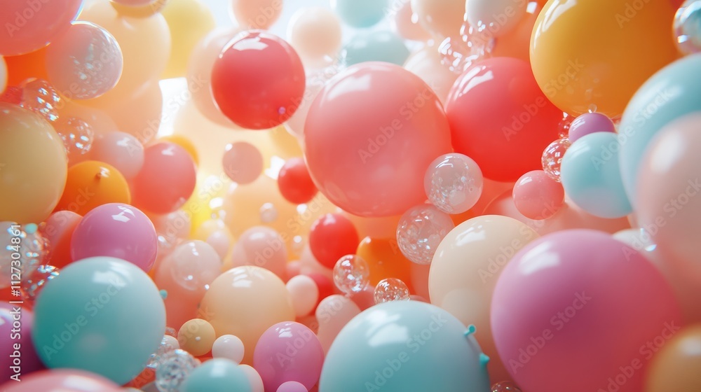 Poster colorful assortment of toy balloons creating a vibrant and playful background for celebrations and f