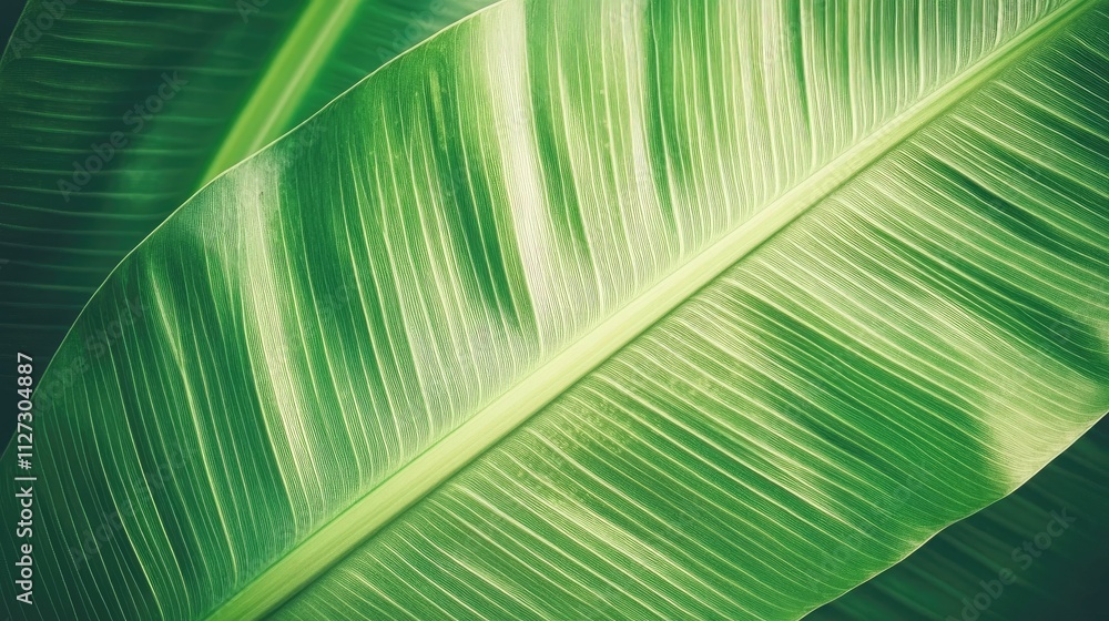 Poster Bright green banana leaf macro texture with parallel veins creating a vibrant natural background for design and environmental themes