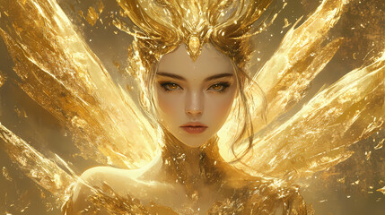 Golden celestial queen: a divine elegance. Etherea. Illustration