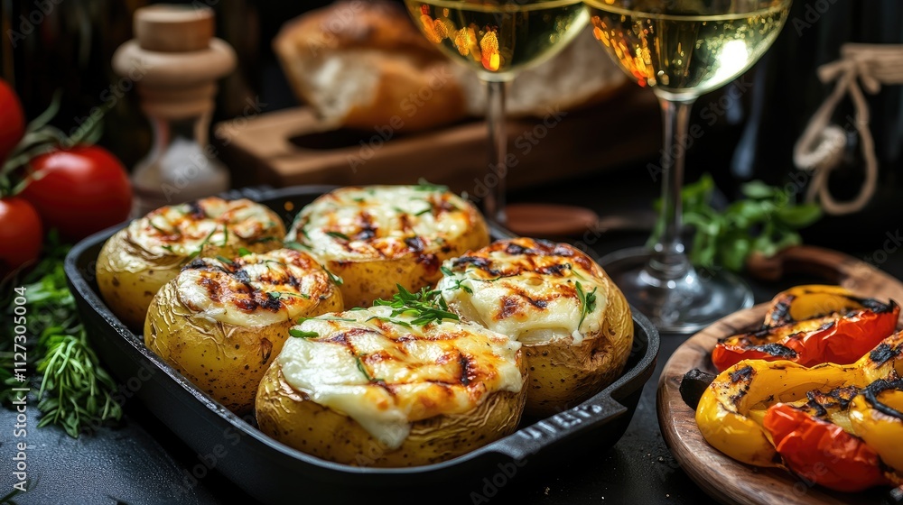 Poster baked potatoes topped with camembert cheese and grilled vegetables served with white wine and fresh 