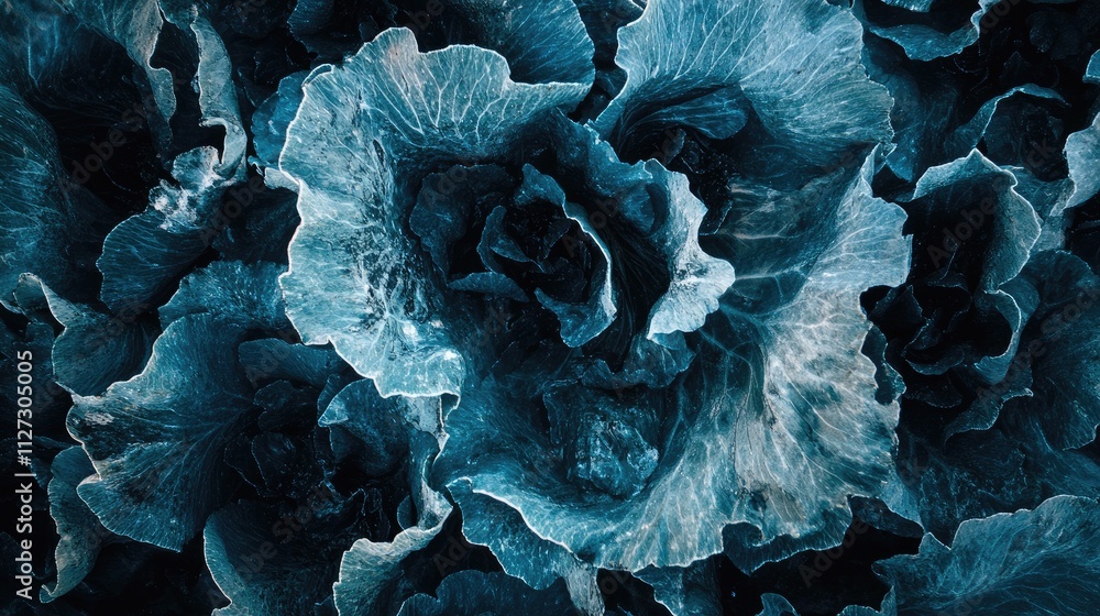 Poster top view of intricate cabbage leaves showcasing rich textures and vibrant colors in close-up detail 