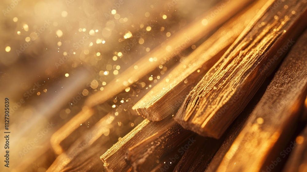 Poster abstract close-up of palo santo incense sticks with soft focus and warm lighting highlighting their 