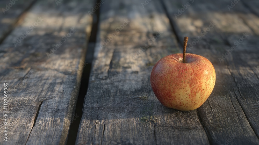 Poster fresh red apple resting on a rustic wooden surface illuminated by soft natural light promoting healt