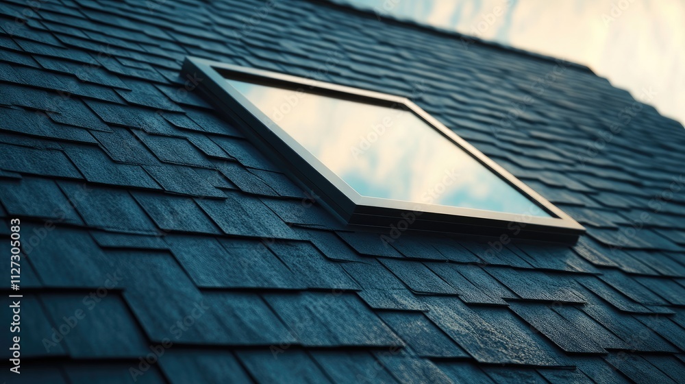 Poster Skylight Installation on Asphalt Shingle Roof with Modern Design and Natural Light Reflection in Attic Space