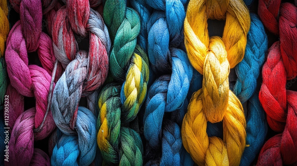 Aufkleber Colorful braided textile patterns displayed in vibrant tones creating an artistic background for creative designs and textile projects.
