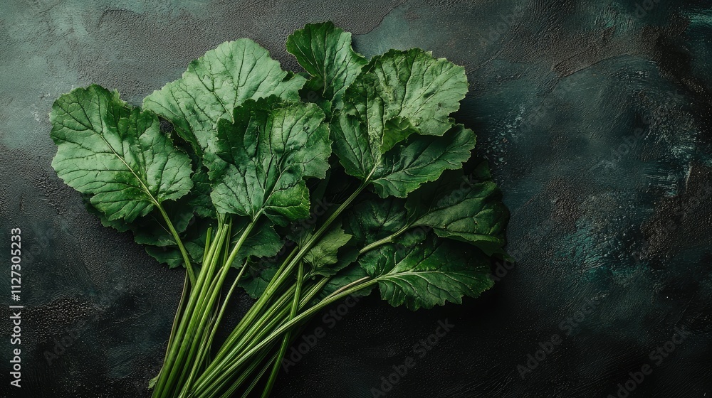 Poster fresh green beet leaves arranged on a dark textured surface highlighting their vibrant color and nat