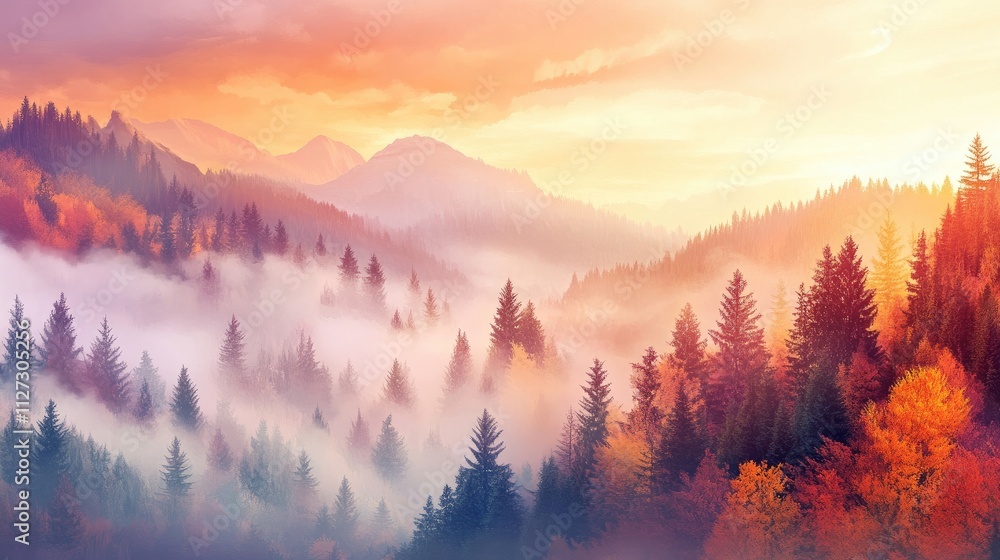 Poster serene autumn panorama of misty forest hills at sunrise showcasing vibrant fall colors and low-lying