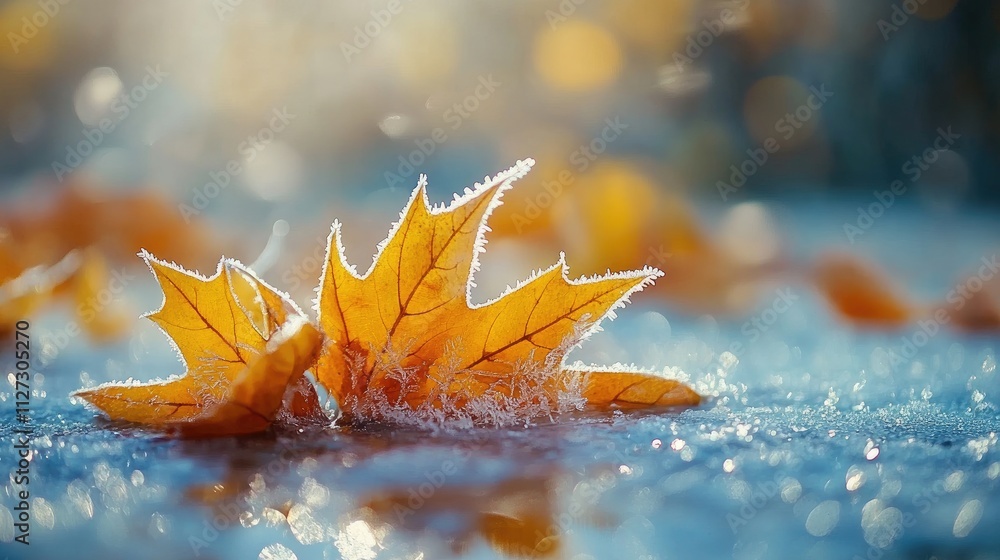 Poster frozen autumn leaves in icy puddle with soft focus background showcasing the transition to winter il