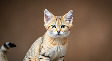 Adorable sand cat portrait against a warm brown background for animal lovers