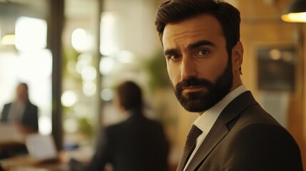 Confident male executive in business attire with colleagues in background working on financial reports in a modern office setting