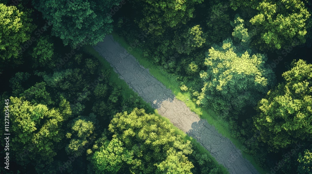 Aufkleber aerial view of a winding road surrounded by lush greenery and dense forest habitat in a tranquil lan