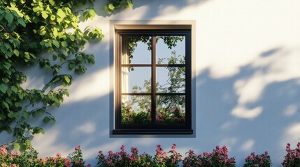 Charming exterior window design adorned with blooming flowers and lush greenery in bright daylight