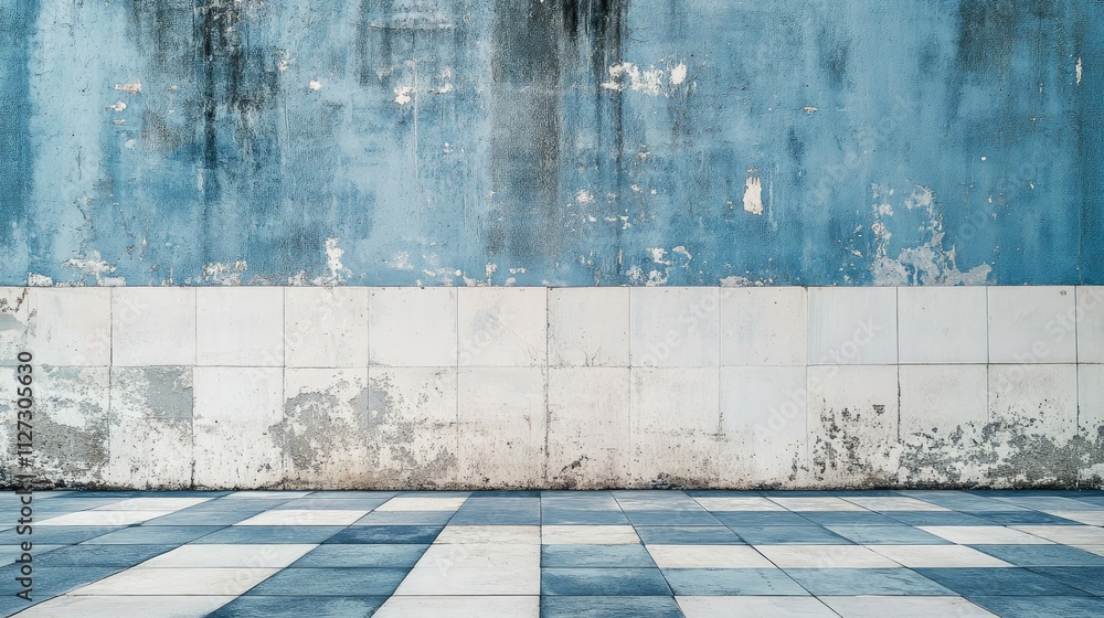 Poster distressed blue and grey textured backdrop with white tiled floor in an urban setting for design and