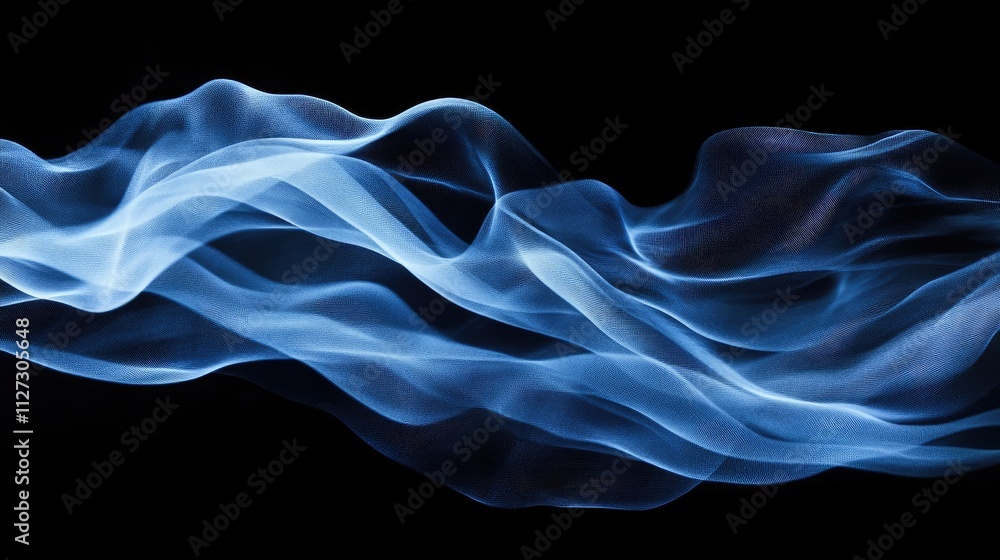Aufkleber Abstract waves of soft blue fabric flowing gracefully against a black background creating a serene and elegant visual composition.