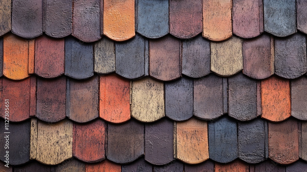 Poster Multi-colored bitumen shingles on a residential roof showcasing texture and design variations for architectural use