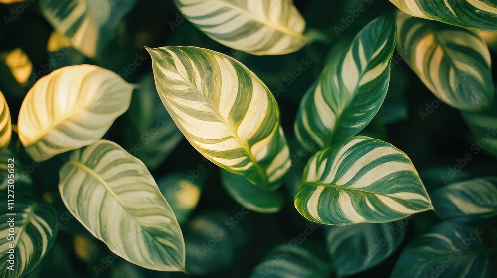 Poster Vibrant green leaves with striped patterns illuminated by sunlight creating a serene and relaxing outdoor nature backdrop.