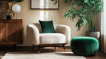 Modern living room interior design featuring a cozy armchair green pouf and decorative elements for stylish home decor inspiration