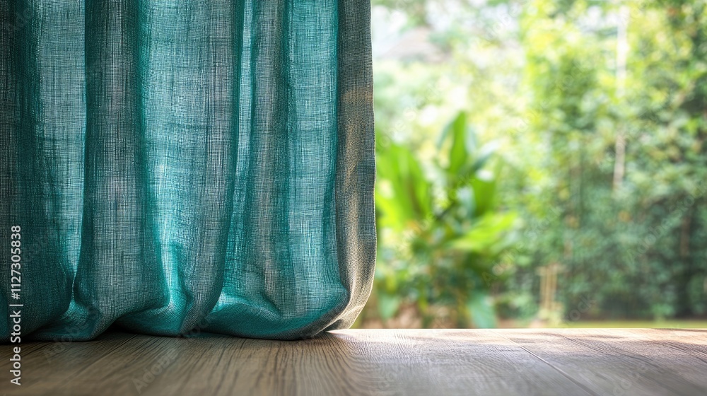Poster empty wooden tabletop with soft curtains and blurred garden background illuminated by sunlight for p