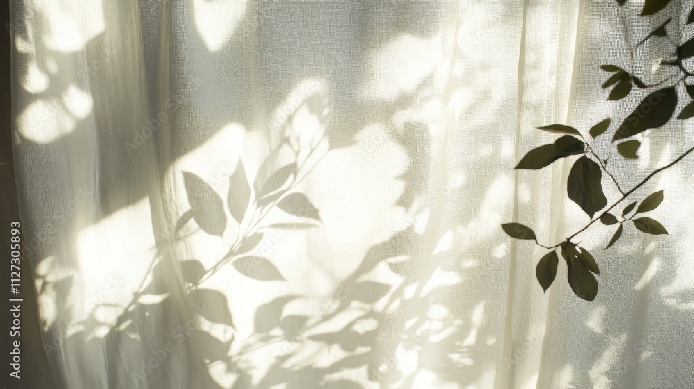 Poster textured white curtains casting beautiful leaf shadows from sunlight in a serene indoor setting