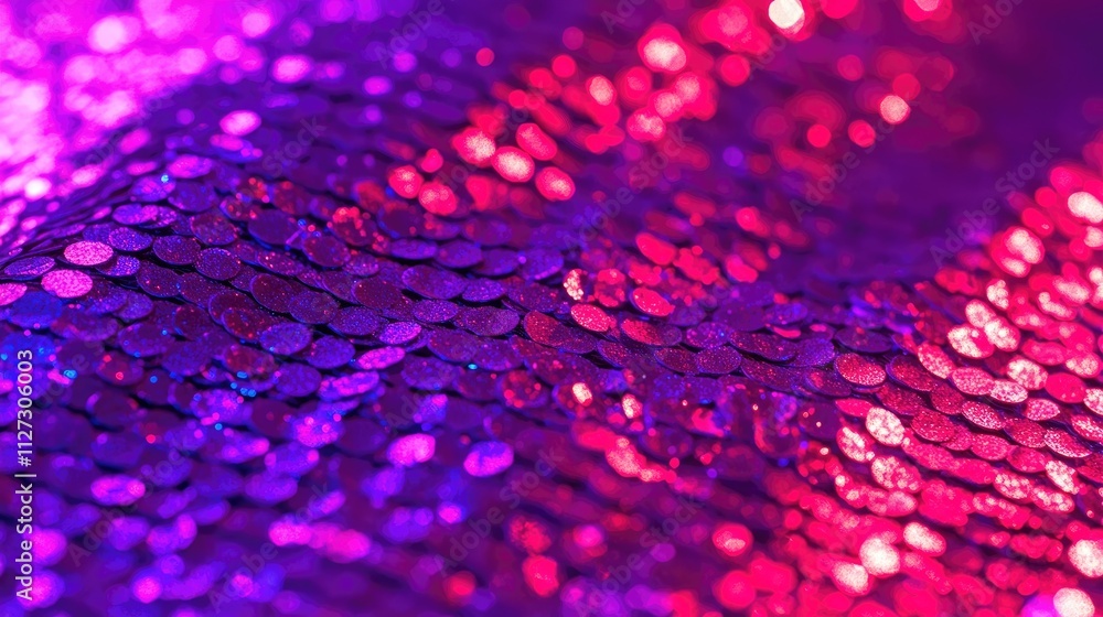 Poster neon red sequins and pink sparkles create a shimmering glitter texture on a vibrant purple backgroun