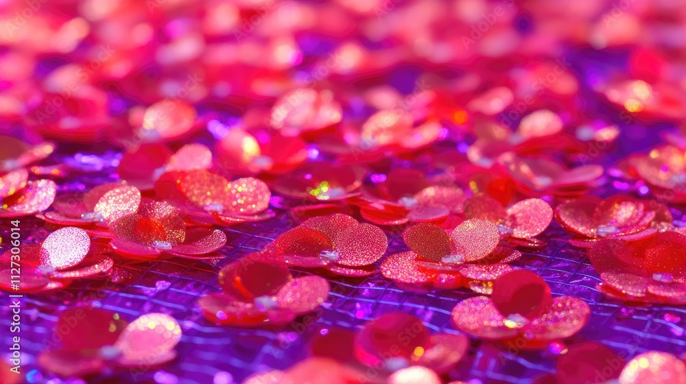 Poster vibrant texture of red sequins and pink sparkles on a purple grid creating a captivating glittery ba