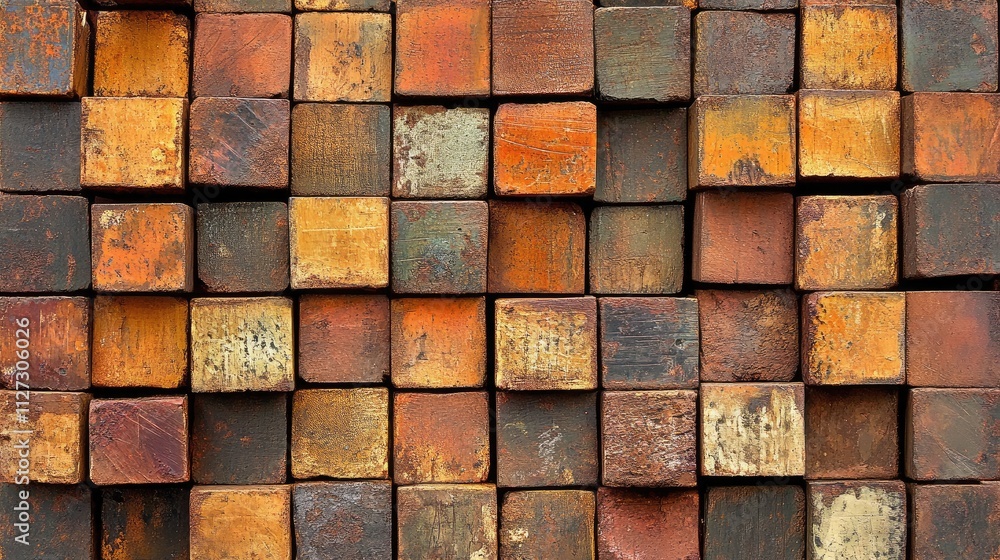 Poster textured vintage brick wall background with colorful rustic wooden blocks for graphic design and cre