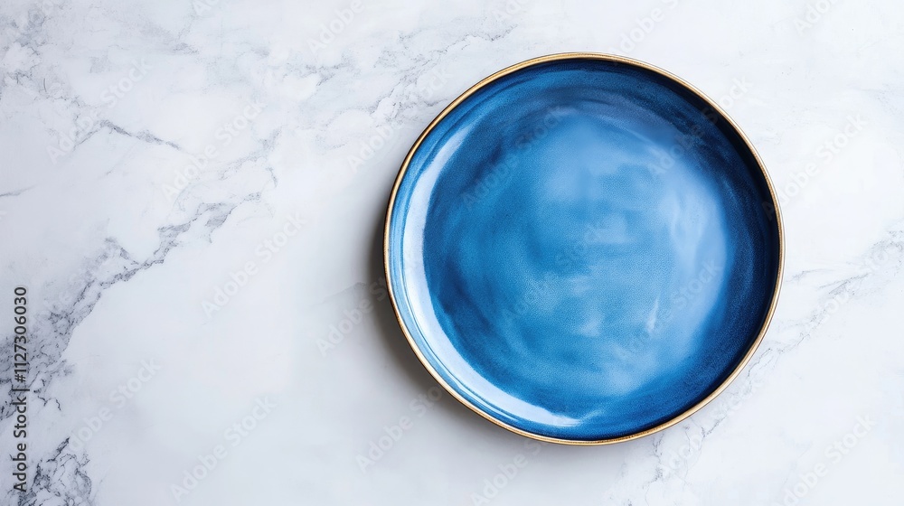 Poster elegant blue empty plate on marble flatlay highlighting stylish tableware and decor for food present