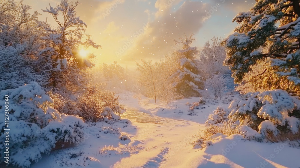Poster winter landscape in a snow-covered forest illuminated by golden hour sunlight creating a serene and 