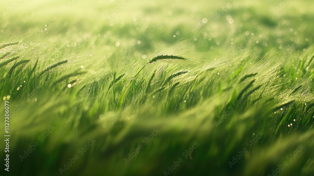 Poster Dew-kissed green grass field in soft morning light with bokeh effect creating a peaceful and clean nature background environment