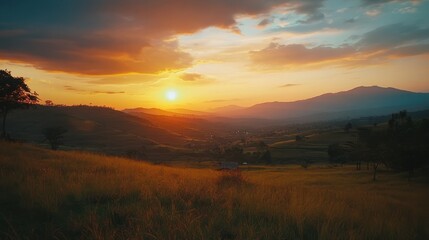Obraz premium Kisoro Uganda beautiful sunset over mountains and hills of pastures and farms in villages of Uganda. Amazing colorful sky and incredible landscape to travel and admire the beauty of nature in Africa