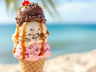 Triple Scoop Ice Cream Cone with Caramel and Sprinkles on Beach