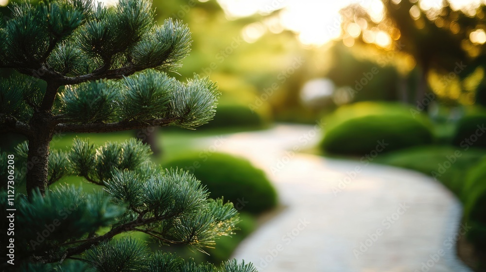 Aufkleber serene garden pathway with young pine tree in soft focus capturing tranquil landscaping and topiary 
