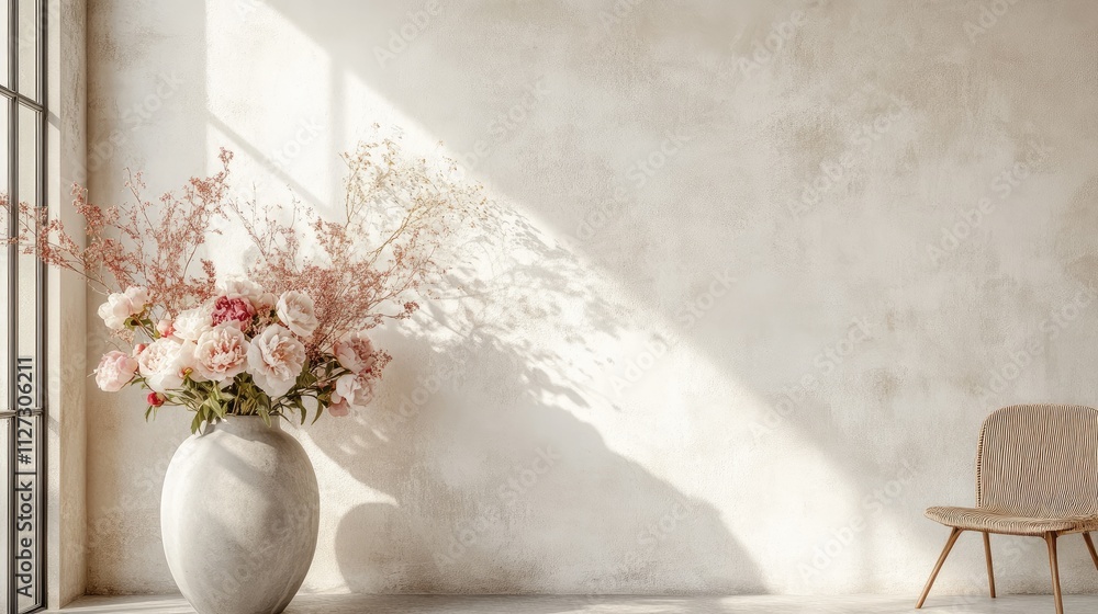 Poster scandinavian interior featuring a vase of peonies on a white wall with spring light creating an invi
