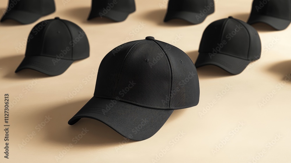 Poster Black Baseball Cap Mockup Collection Displayed on Neutral Background Showcasing Multiple Angles for Design and Branding Purposes
