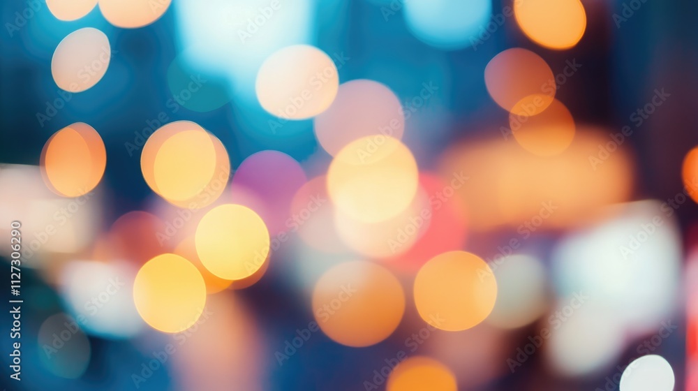 Poster Abstract out of focus bokeh lights in a vibrant grocery store setting creating a colorful blurred background for marketing and design purposes