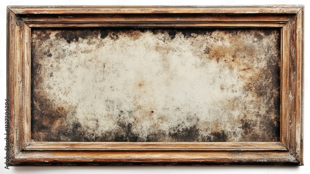 Poster vintage empty picture frame with distressed texture stains and scratches isolated on white backgroun