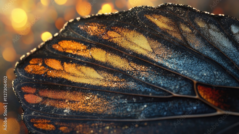Poster macro shot of butterfly wings showcasing intricate textures and vibrant colors with a blurred golden